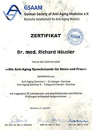 Bild - Zertifikat GSAAM Anti-Aging Seminar 1 u. Anti-Aging Seminar 2 - Dr. Häusler